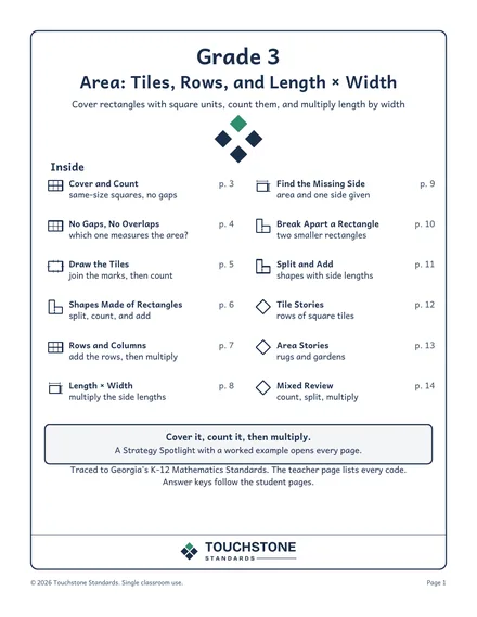 Cover of Grade 3 Area: Tiles, Rows, and Length x Width